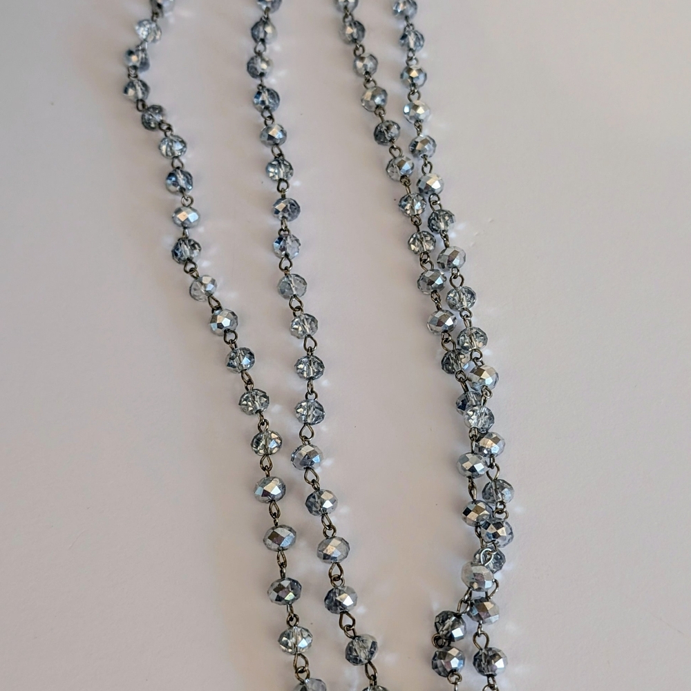 60” Long Silver Tone Faceted Crystal Bead Necklace Multi Strand Layered